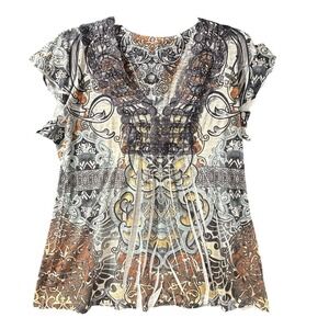 Boho Paisley Ornate Print V Neck Top Womens XL Festival Hippie Retro Shirt